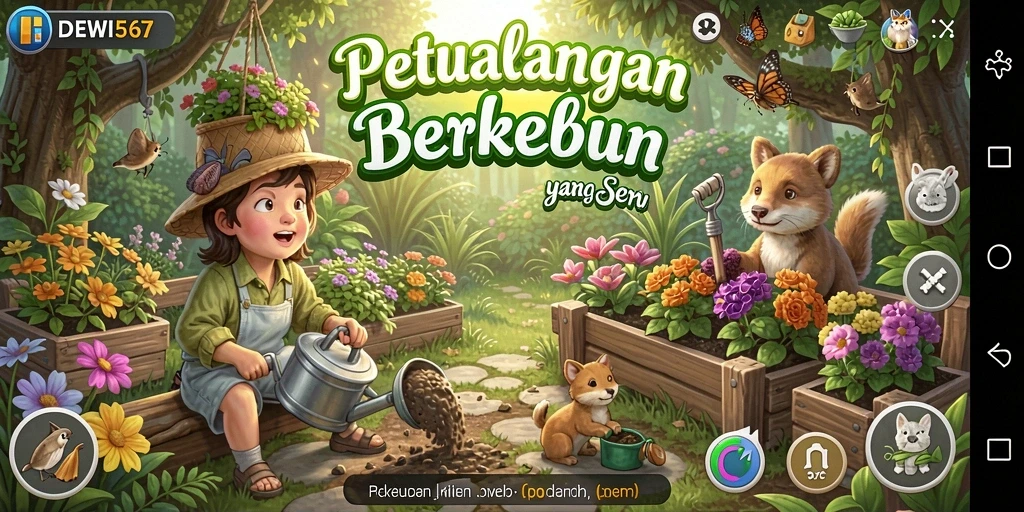 Tampilan gameplay DEWI567 dengan aktivitas berkebun yang seru.