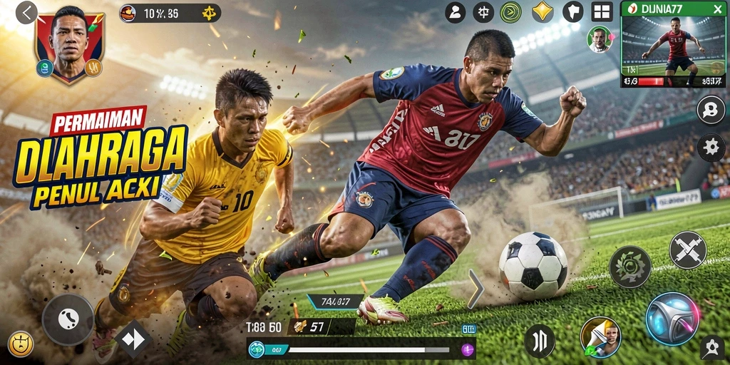 Tangkapan layar utama DUNIA77 menampilkan aksi pertandingan olahraga yang intens.