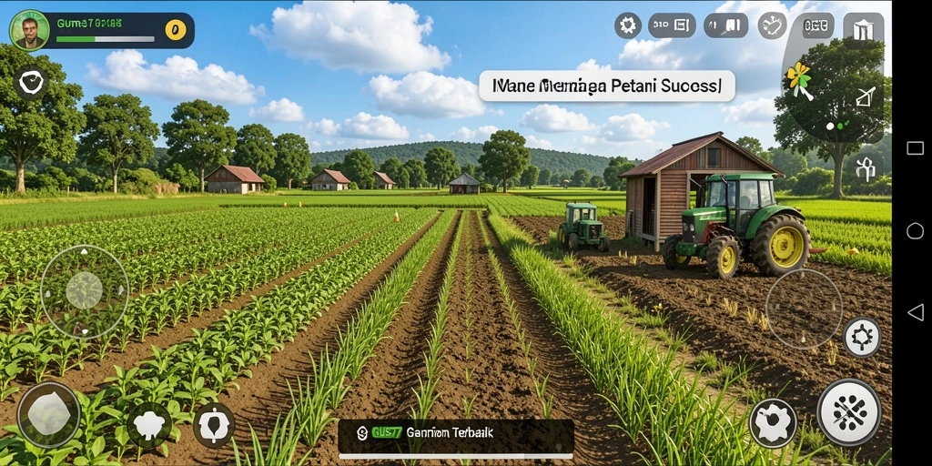 Tampilan gameplay GUS77 dengan pemandangan ladang yang subur.