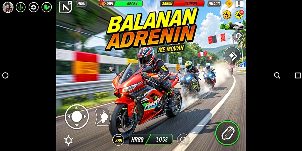 Gameplay seru HR89 menampilkan balapan motor yang mendebarkan.