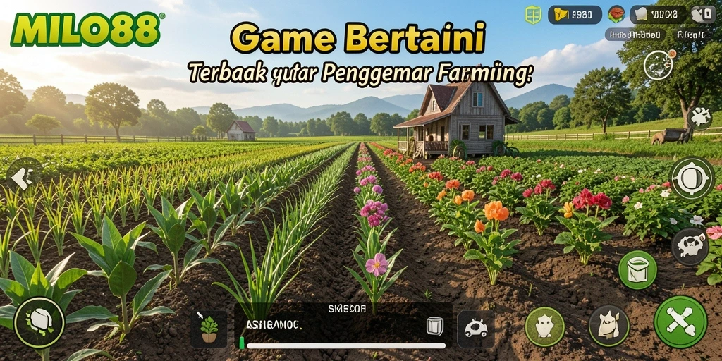 Screenshot utama gameplay <strong>MILO88</strong> menampilkan kebun yang subur dan hewan ternak.