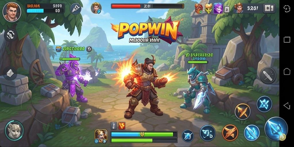 Screenshot utama gameplay POPWIN menampilkan pertempuran strategis yang intens.