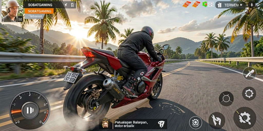Tampilan gameplay mendebarkan SOBATGAMING dengan motor melaju kencang.