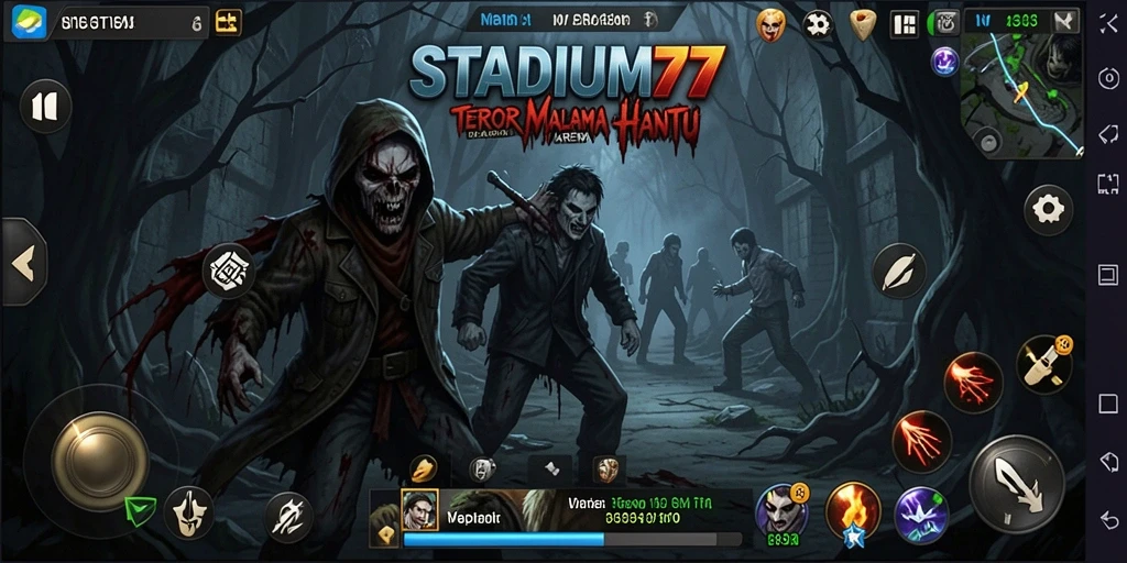 Screenshot gameplay STADIUM77 menampilkan suasana horor yang mendebarkan.