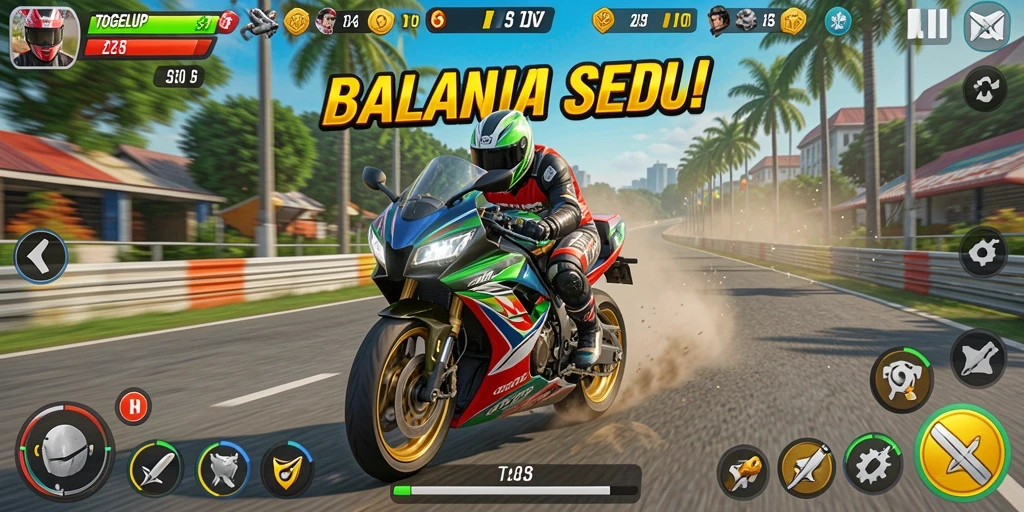 Gameplay intens dalam balapan motor TOGELUP dengan aksi mendebarkan.